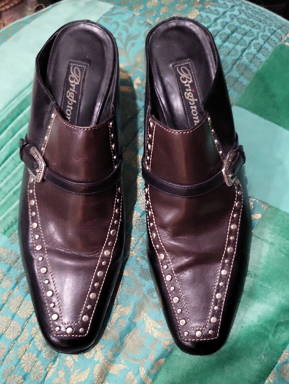 Brighton Women’s Dark Brown Leather Slip-On Loafers with Silver Stud Trim
